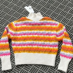 Zara Women Vintage Stripes Knit Sweater Mock Neck S white Orange Pink Yellow